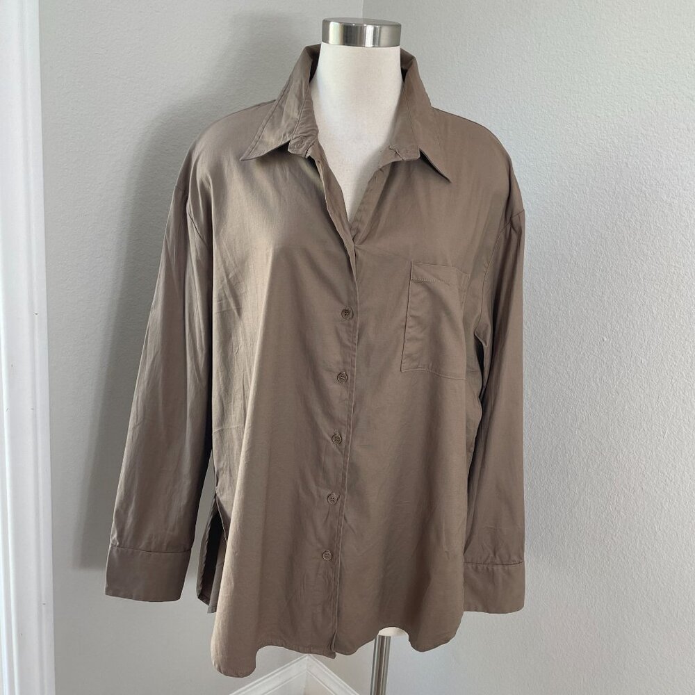 Reformation Womens XL Will Oversized Button Up Shirt‎ In Taupe Brown Long Sleeve